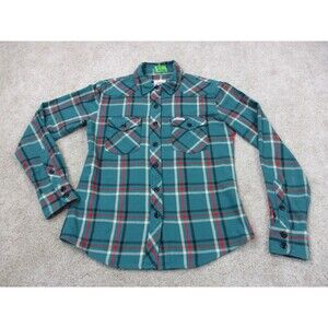 Topo Designs Shirt Women Extra Small XS Green Red Plaid Flannel Casual Button Up
